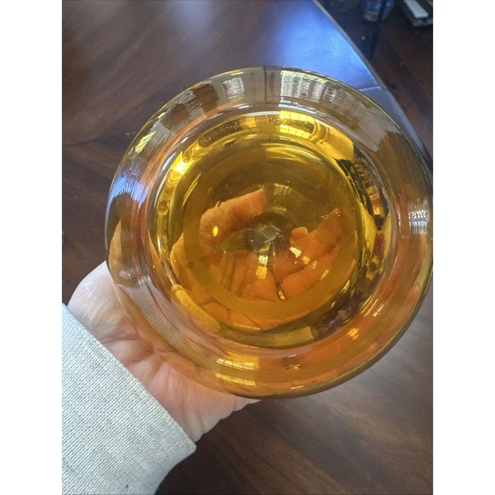 Mid century Glass Amber Vase w/ Gold band and trim 7